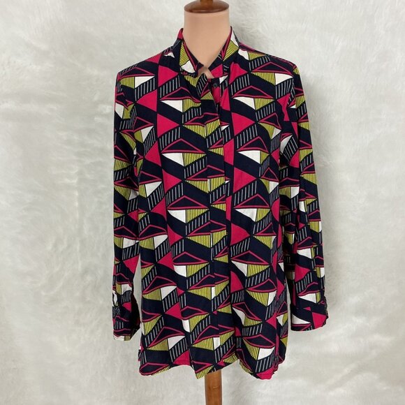Zuri Navy, Pink Geometric Button Front Mandarin Collar Long Sleeve Top L - Picture 1 of 7